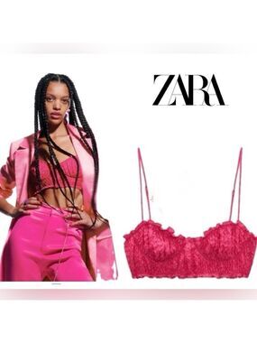 ZARA CORSETRY TEXTURED BRALETTE RUFFLE FRILL METALLIC CROP TOP FUCHSIA PINK NWOT